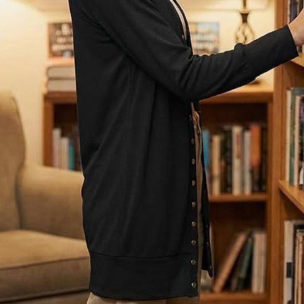 MEROKEETY Waffle Knit Snap Button Cardigan Black XXL - Picture 2 of 5